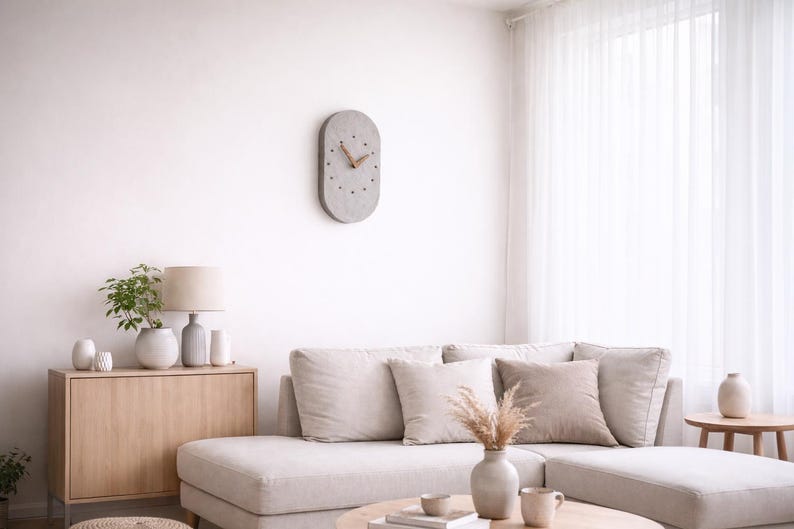 Handmade Concrete Effect Wall Clock – Textured Minimalist Stone Style Clock – Modern Scandinavian Home Decor – Silent Wooden Hands