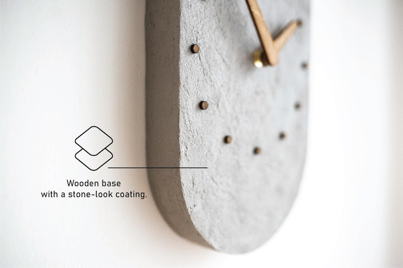 Handmade Concrete Effect Wall Clock – Textured Minimalist Stone Style Clock – Modern Scandinavian Home Decor – Silent Wooden Hands