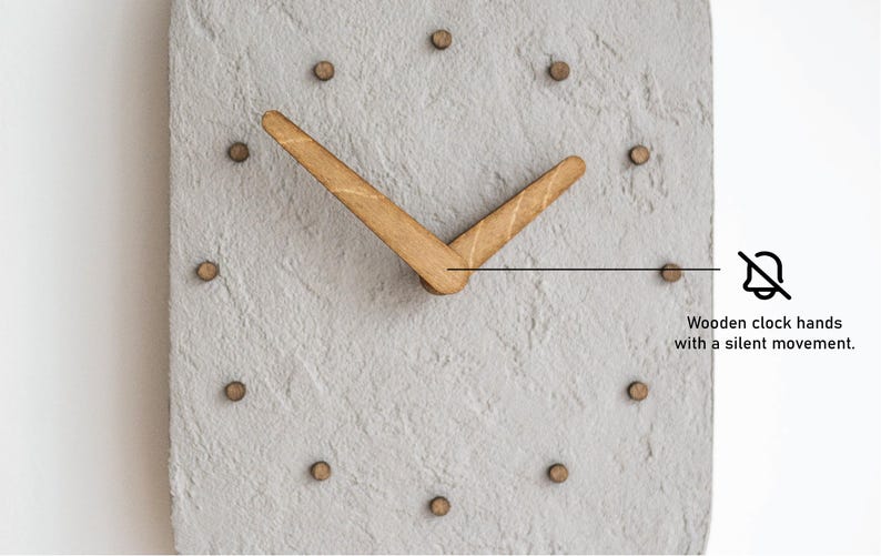 Handmade Concrete Effect Wall Clock – Textured Minimalist Stone Style Clock – Modern Scandinavian Home Decor – Silent Wooden Hands