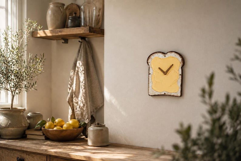 Funny Butter Toast Wall Clock, Handmade 3D Wooden Silent Clock, Bread Wall Decor, Kitchen Clock, Quirky Food Art, Dopamine Decor Food Lover