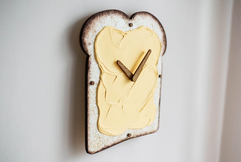 Funny Butter Toast Wall Clock, Handmade 3D Wooden Silent Clock, Bread Wall Decor, Kitchen Clock, Quirky Food Art, Dopamine Decor Food Lover