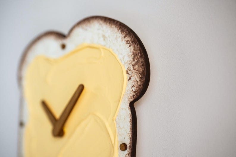 Funny Butter Toast Wall Clock, Handmade 3D Wooden Silent Clock, Bread Wall Decor, Kitchen Clock, Quirky Food Art, Dopamine Decor Food Lover