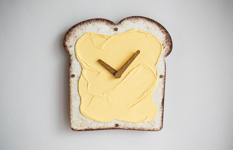 Funny Butter Toast Wall Clock, Handmade 3D Wooden Silent Clock, Bread Wall Decor, Kitchen Clock, Quirky Food Art, Dopamine Decor Food Lover