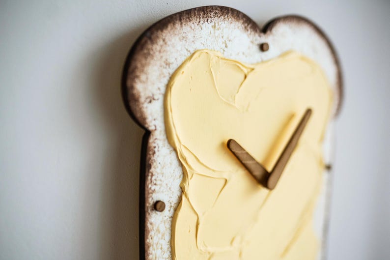 Funny Butter Toast Wall Clock, Handmade 3D Wooden Silent Clock, Bread Wall Decor, Kitchen Clock, Quirky Food Art, Dopamine Decor Food Lover