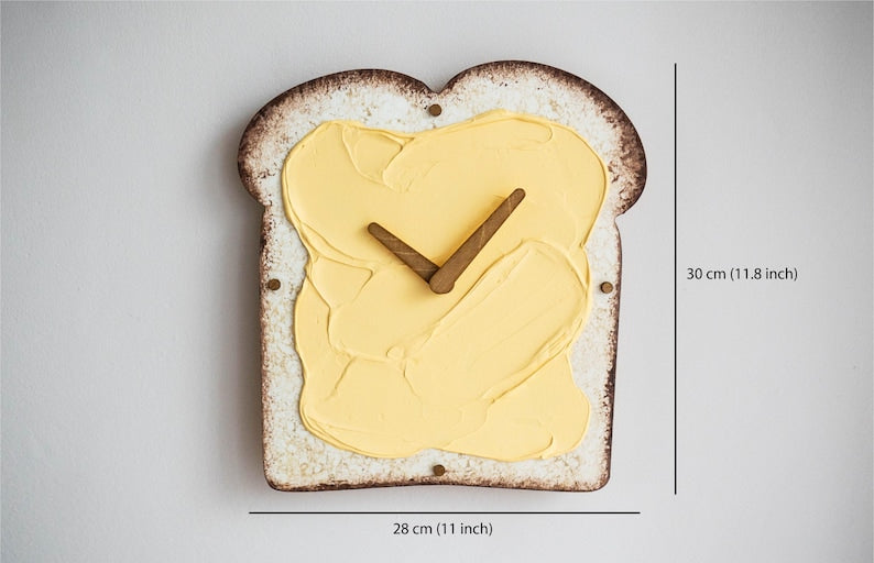 Funny Butter Toast Wall Clock, Handmade 3D Wooden Silent Clock, Bread Wall Decor, Kitchen Clock, Quirky Food Art, Dopamine Decor Food Lover