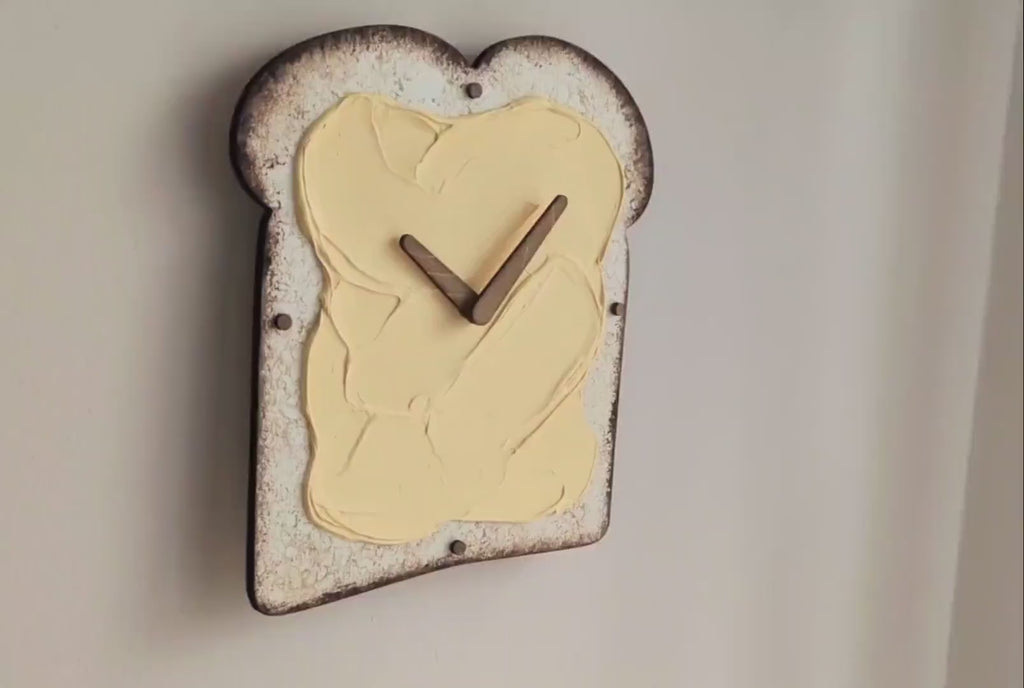 Funny Butter Toast Wall Clock, Handmade 3D Wooden Silent Clock, Bread Wall Decor, Kitchen Clock, Quirky Food Art, Dopamine Decor Food Lover