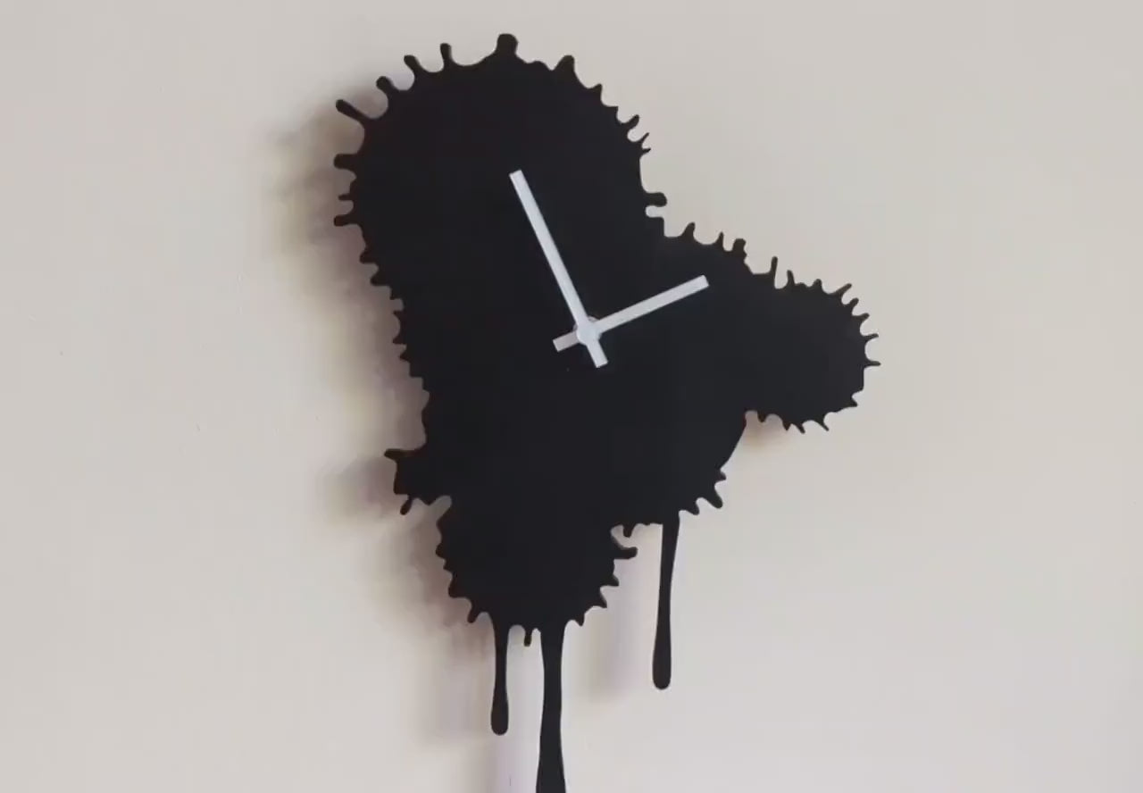 Black Wooden Silent Wall Clock Handmade, Drip Art Clock, Abstract Melted Clock, Dopamine Decor, Modern Wall Art, Living Room Decoration